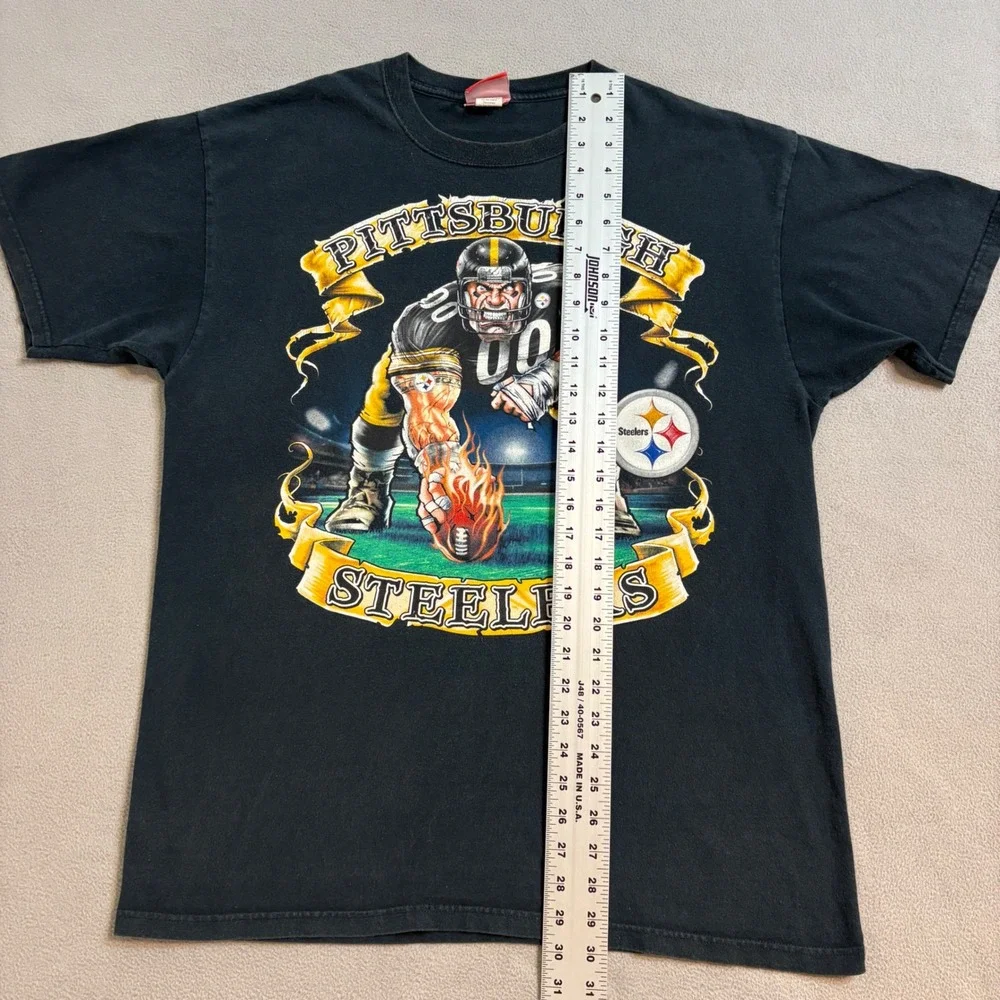 VTG NFL Pittsburgh Steelers Graphic T-Shirt Black Mens XL Football Flaming Ball